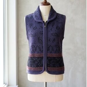 Vintage Alps Fine Womens Wool Knit Vest‎ Purple Moose Nature Full Zip Small USA